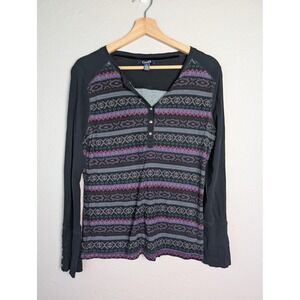 Chaps Shirt Womens Large Black‎ Fair Isle Henley Long Sleeve Button Cuff Top KM